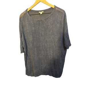 pure jill Petite Linen Blend Knit Top Blue Short Sleeve Pullover M